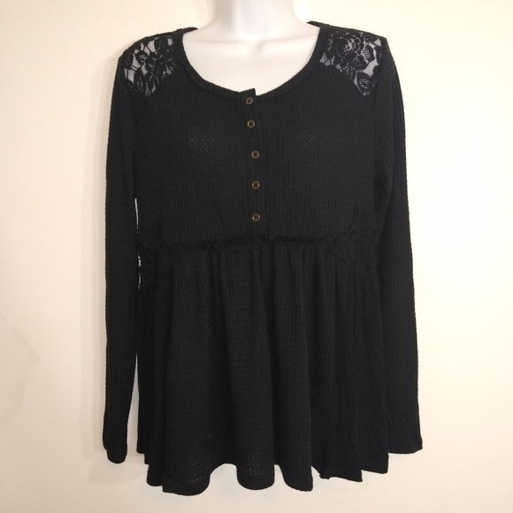 Knox Rose Black Waffle peplum Blouse Lace sz XS - Picture 5 of 5